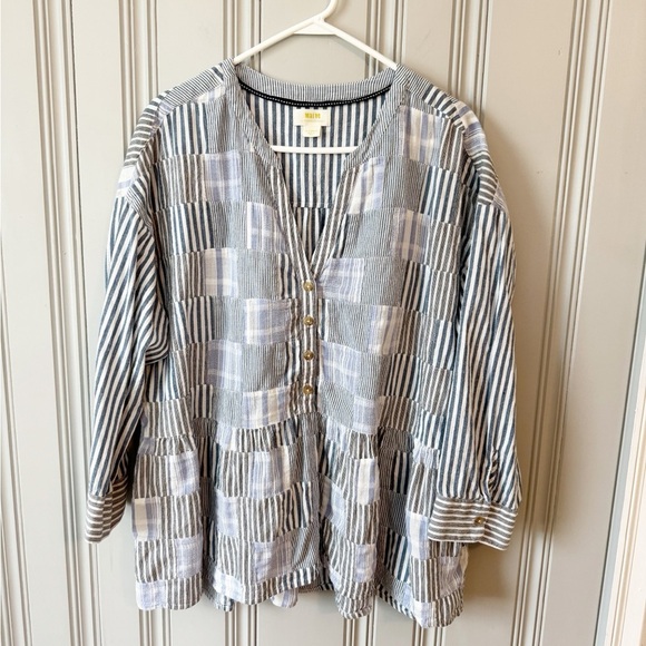 Maeve Anthropologie Size XL Zoe Swing Top Striped Patchwork Oversized Blue White - Picture 8 of 16